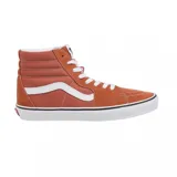 Championes Vans modelo SK8-HI de caña alta, color terracota con detalles en blanco. Confeccionados en una combinación de gamuza y lona, presentan la icónica banda lateral de la marca, cordones blancos y suela de goma vulcanizada.