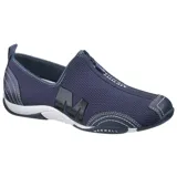 Slip On Merrell modelo Barrado, color azul marino, confeccionado en malla elástica con detalles de cuero y costuras blancas visibles. Presenta cierre frontal de cremallera con el logo de la marca impreso, logo "M" lateral en relieve y suela de goma con entresuela blanca.