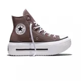 Championes Converse Chuck Taylor All Star Lift Double Stack de caña alta, color marrón topo, con plataforma gruesa de goma blanca y suela dentada. Cierre de cordones blancos y parche circular clásico en el lateral.