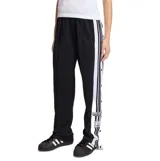Pantalon deportivo Adidas modelo Adibreak, color negro con franjas laterales blancas y botones a presión. Presenta el logo de la marca y diseño de tres tiras icónico en los costados.