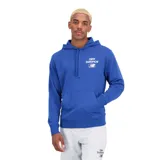 Canguro azul con capucha y cordones ajustables, bolsillo tipo canguro y logo de New Balance estampado en el pecho.
