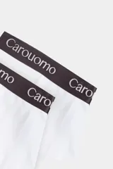 Pack de dos boxers blancos con cintura elástica ancha en color negro y logo de la marca en contraste.