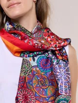Pashmina rectangular de satén con acabado brillante y caída fluida, con un diseño de estampa gráfica multicolor en toda la superficie y terminaciones con dobladillo fino.