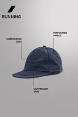 Gorra deportiva de tejido técnico ligero en color azul marino, con visera corta y paneles laterales perforados para mayor ventilación. Presenta logos bordados a tono en el frente.