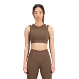 Top deportivo New Balance color marrón, con tecnología Shape Shield y NB DRYx, tirantes dobles y almohadillas removibles.