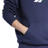 Buzo canguro azul marino con capucha y logo Reebok Vector estampado en blanco y verde en el pecho.