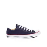 Championes Converse All Star de lona color azul marino, con suela de goma blanca y detalles en rojo.