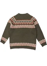 Buzo tejido en lana y acrílico color verde oliva con diseño geométrico en marrón y beige en el canesú, puños y ruedo.