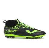 Championes de fútbol Joma negros con detalles en verde flúor, con cuello alto de lycra y suela con tapones.