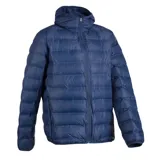 Campera puffer azul marino con capucha y cierre frontal.