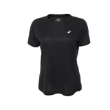 Remera deportiva Asics negra de manga corta, con logo estampado en el pecho y leyenda "Asics Running" en japonés en la espalda.