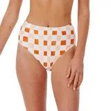 Bombacha de bikini de tiro alto con estampado a cuadros color naranja y blanco.
