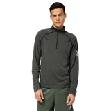 Buzo deportivo gris oscuro de poliéster con tecnología NB DRY, cuello alto con cierre de cremallera hasta el pecho, mangas largas con detalle de tres líneas blancas en el brazo izquierdo y ajuste atlético.