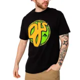 Remera negra de manga corta con cuello redondo y estampado circular en el frente con el logo de OJ Wheels en naranja y verde.