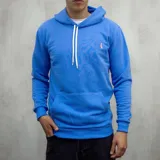 Canguro azul francia de algodón fino sin felpa, con capucha, cordones blancos, bolsillo tipo canguro y logo bordado pequeño en el pecho.