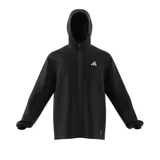 Campera deportiva Adidas Run It negra con capucha, cierre frontal completo, logo de la marca en el pecho y detalles reflectantes.