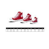 Championes Converse Chuck Taylor All Star de caña baja, color rojo con suela y puntera de goma blanca, cordones blancos y detalles en negro.