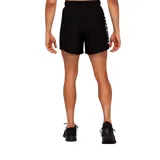 Short deportivo Asics negro con logo de la marca en blanco y estampado de sílabas japonesas en el lateral.