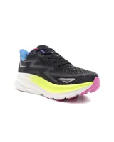 Championes Hoka Clifton 9 color negro con detalles en amarillo, rosa y celeste.