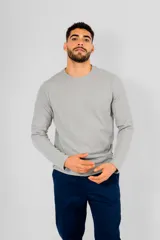 Buzo de cuello redondo y manga larga, confeccionado en tejido de punto con textura tipo waffle, de corte clásico y color gris.