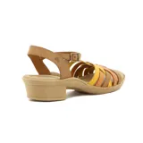 Sandalias de tacón medio Country con tiras cruzadas multicolores en tonos ámbar, amarillo y marrón, con tira al tobillo ajustable mediante hebilla.