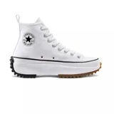 Championes Converse modelo Run Star Hike Hi, de caña alta en color blanco. Presentan una plataforma dentada con suela de goma bicolor en negro y marrón, y el icónico parche de Chuck Taylor en el lateral.