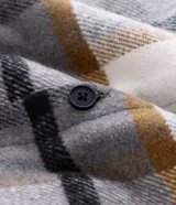 Campera de franela a cuadros con forro interno de sherpa, cierre frontal con botones, cuello camisero y bolsillos frontales en el pecho.