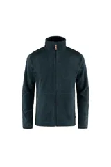 Buzo polar azul con cierre frontal completo, cuello alto y refuerzos de tela lisa en hombros y cuello.