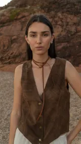 Chaleco marrón de cuero vacuno italiano con acabado gastado, cuello en V y cierre frontal con botones.