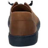 Zapatillas urbanas de cuero color marrón con suela de goma azul marino y cordones elásticos azules.