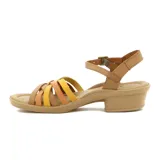 Sandalias de tacón medio Country con tiras cruzadas multicolores en tonos ámbar, amarillo y marrón, con tira al tobillo ajustable mediante hebilla.