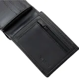Billetera de cuero negra con logo Rip Curl en relieve y protección RFID. Diseño plegable con múltiples compartimentos para tarjetas y billetes.