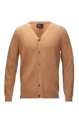 Cardigan de hombre tejido en cashmere 100% natural, con cuello en V, cierre frontal de botones y puños y ruedo acanalados.