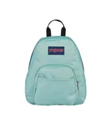 Mochila Jansport modelo Half Pint, color verde menta, de diseño compacto con un compartimento principal, bolsillo frontal con cierre y asa superior negra.