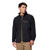 Campera de polar Columbia con cierre frontal completo, cuello alto y bolsillo vertical con cierre en el pecho. Presenta un diseño técnico con paneles superpuestos y ribetes elásticos en puños y dobladillo.
