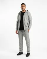 Pantalón de jogging gris melange, corte recto y relajado, con cintura elástica ajustable mediante cordón, bolsillos laterales con cierre y puños simples.