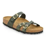Sandalias Birkenstock modelo Franca con tres tiras finas ajustables en color verde oliva, hebillas metálicas doradas, plantilla anatómica de corcho y suela de goma negra.