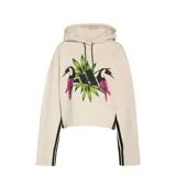 Canguro corto de mujer Adidas en colaboración con Farm Rio, color beige con estampado frontal de tucanes y hojas, y las icónicas tres tiras de la marca en color negro en las mangas.