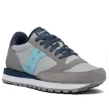 Championes Saucony Jazz Original, color gris con detalles en celeste y azul. Capellada de nylon y gamuza, entresuela de EVA que ofrece amortiguación y suela de goma resistente.