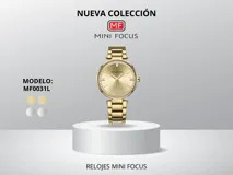 Reloj de pulsera Mini Focus para mujer, con caja y malla de acero inoxidable doradas, cuadrante dorado con indicadores de hora con strass y movimiento de cuarzo japonés.
