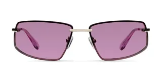 Lentes de sol con montura rectangular envolvente de acero inoxidable color plata y lentes de nylon color violeta. Presentan patillas de acetato y diseño inspirado en la estética de los años 2000.