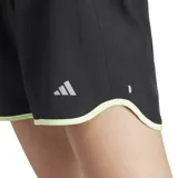 Shorts de running para mujer, color negro, con calzón interior de malla y detalles reflectantes. Presenta un corte ajustado con cintura elástica de tiro alto y ribetes de color verde lima en el borde inferior.