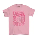Remera de algodón color rosado con estampa frontal inspirada en Majin Boo, con diseño de caja de leche de frutilla y texto en japonés e inglés.