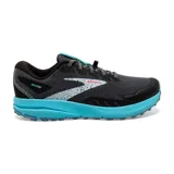 Championes Brooks Divide 4 de trail running para mujer, color gris oscuro con detalles en negro y celeste.