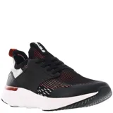 Championes urbanos N+ modelo Aro, con capellada de tejido técnico en color negro con detalles en rojo y blanco. Presenta refuerzos laterales en PVC, suela de goma blanca con detalle en rojo y tirador en el talón.