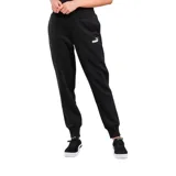 Pantalón de jogging Puma Ess Sweat Pants FL, color negro, con logo estampado en blanco en el muslo izquierdo. Cuenta con cintura elástica con cordón ajustable y puños elásticos en los tobillos.