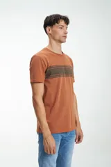 Remera color ladrillo con cuello redondo y manga corta. Presenta un bloque horizontal en el pecho con rayas horizontales en tonos marrón y gris.