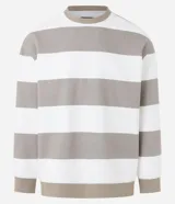 Buzo de algodón y poliéster con cuello redondo y mangas largas. Diseño a rayas horizontales en color blanco y gris. Puños y bajo acanalados.