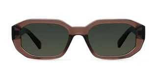 Lentes de sol unisex de forma geométrica, con armazón marrón y lentes polarizadas de color verde oscuro.