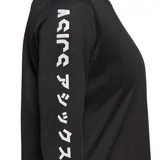 Remera de running Asics de mujer, color violeta, de manga larga y tejido de punto con tecnología de secado rápido. Presenta la frase japonesa Katakana estampada en las mangas.